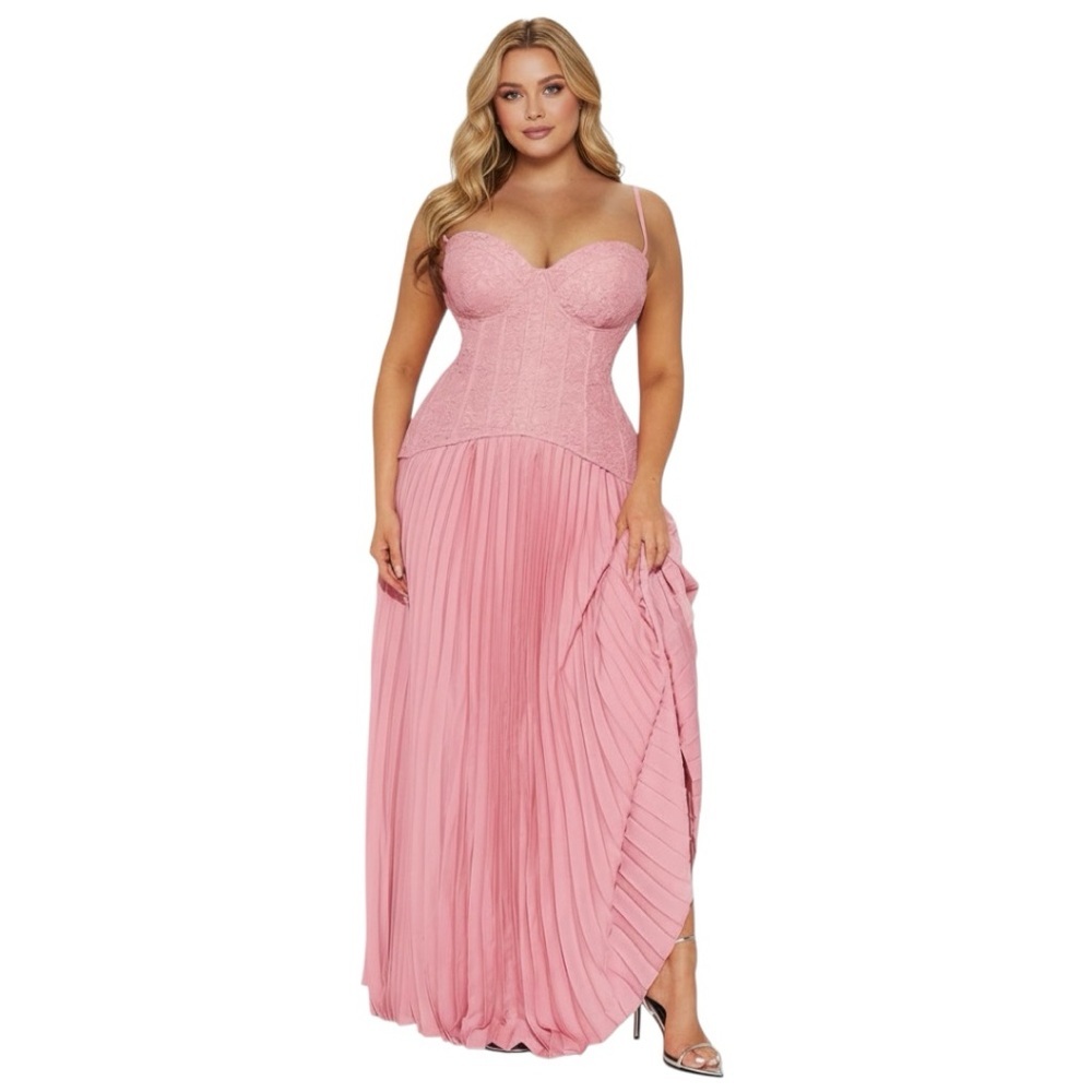Elegant Pink Pleated Prom Dress with Corset Bodice